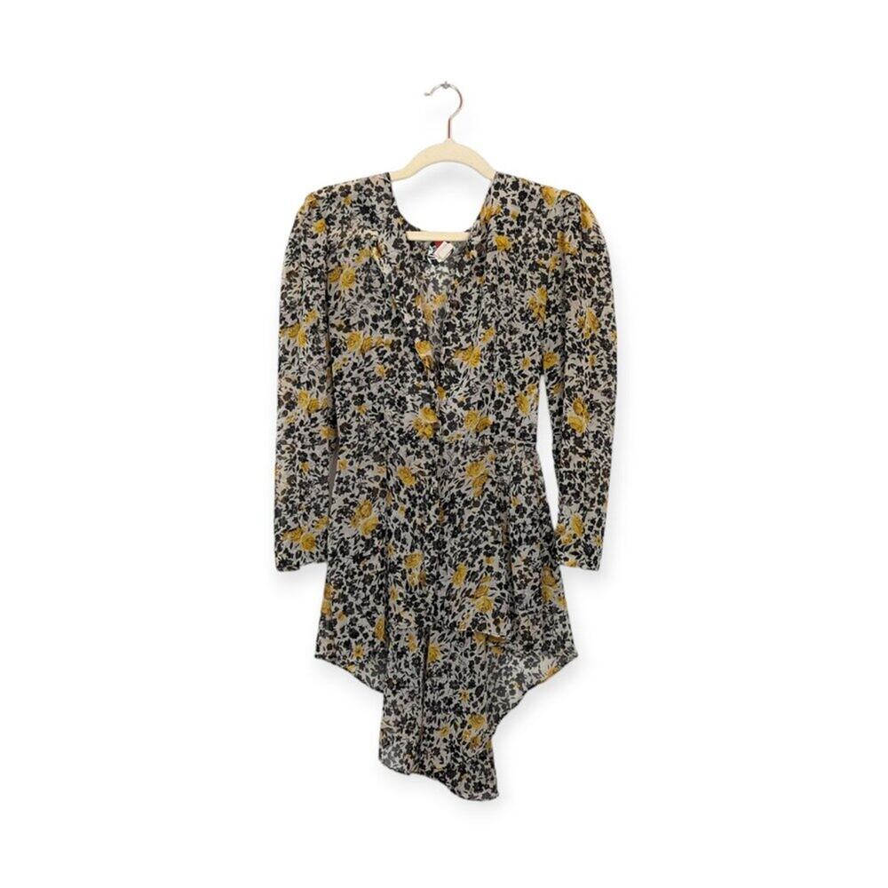 Vintage Nona Blouse S Black Yellow Floral Hi Low Retro Boho